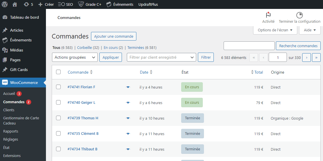 Tableau des commandes WooCommerce