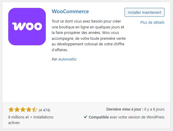 Extension WordPress WooCommerce pour créer des boutiques en ligne.