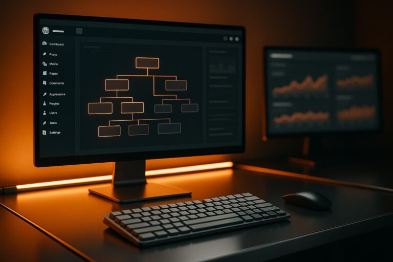 Sitemap WordPress créé et soumis à Google via Search Console sur un bureau high-tech