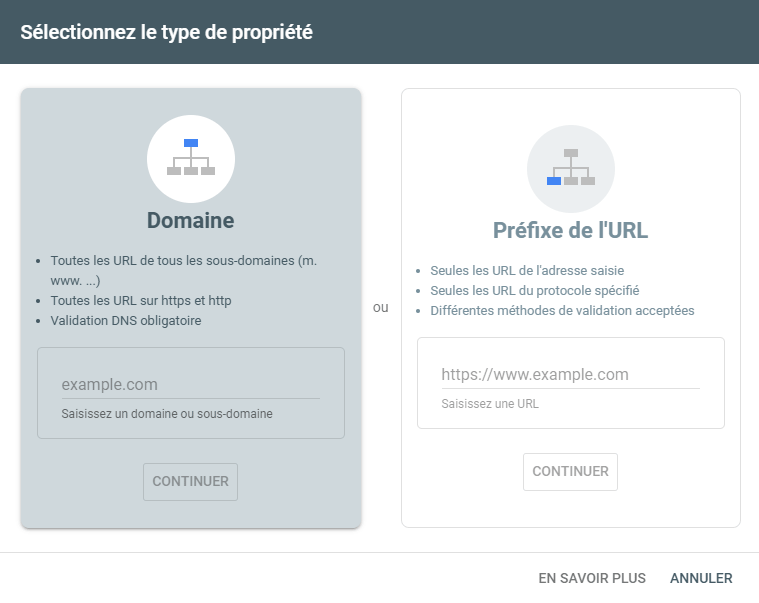 Sélectionnez domaine ou préfixe URL pour validation.