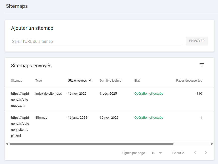 Tableau de sitemaps envoyés avec succès.