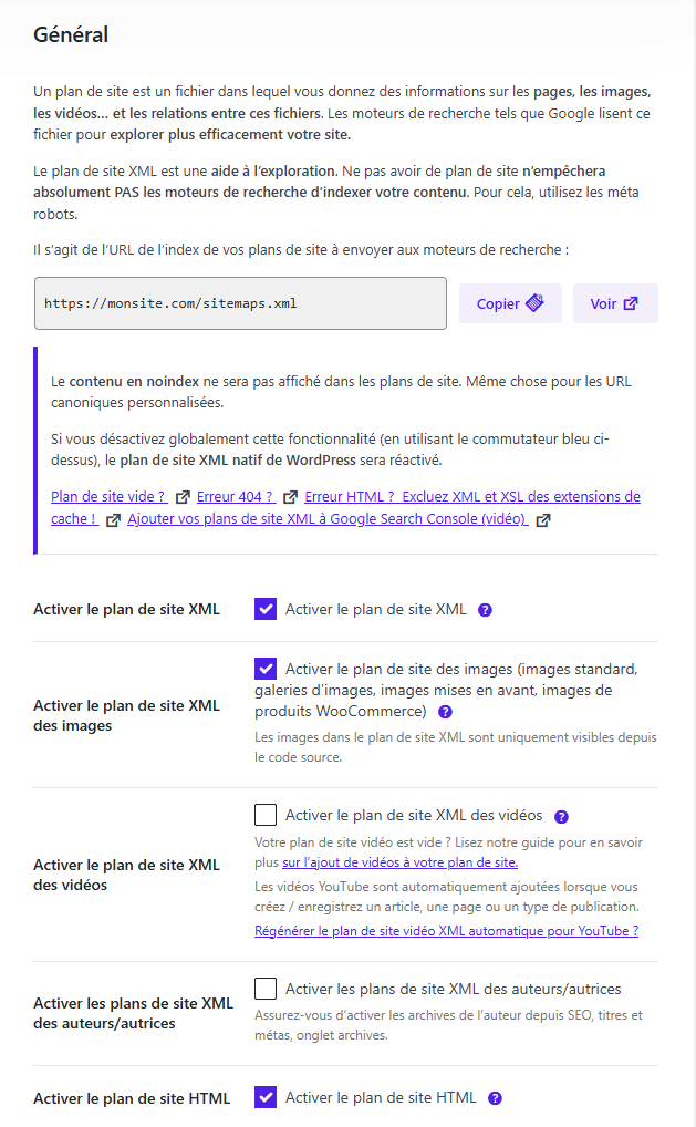 Capture d'écran des paramètres de plan de site XML.