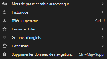 Menu des paramètres du navigateur