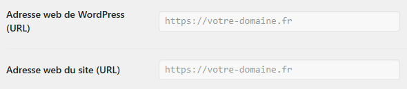 Paramètres URL WordPress et site web.