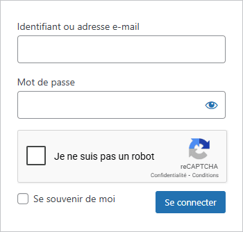 Formulaire de connexion avec reCAPTCHA anti-robots.