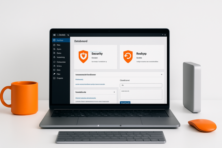 Coût maintenance WordPress 2026 : illustration d’un espace de travail tech sécurisé affichant un site WordPress surveillé
